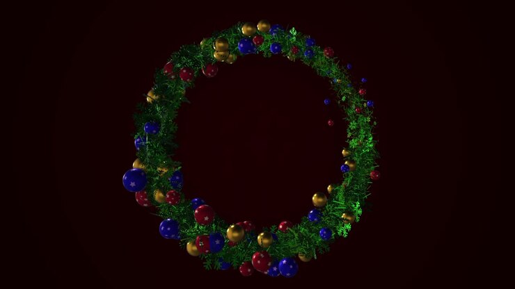 абстрактная анимация красивого зеленого рождественского венка, украшенного многоцветными блестящими шарами разных размеров, вращающимися на темном фоне. анимация. удивительный рождественский анимационный фон