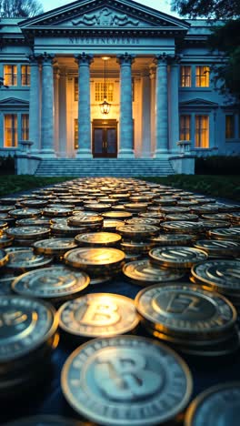 coins lined up leading to a grand mansion during twilight hours