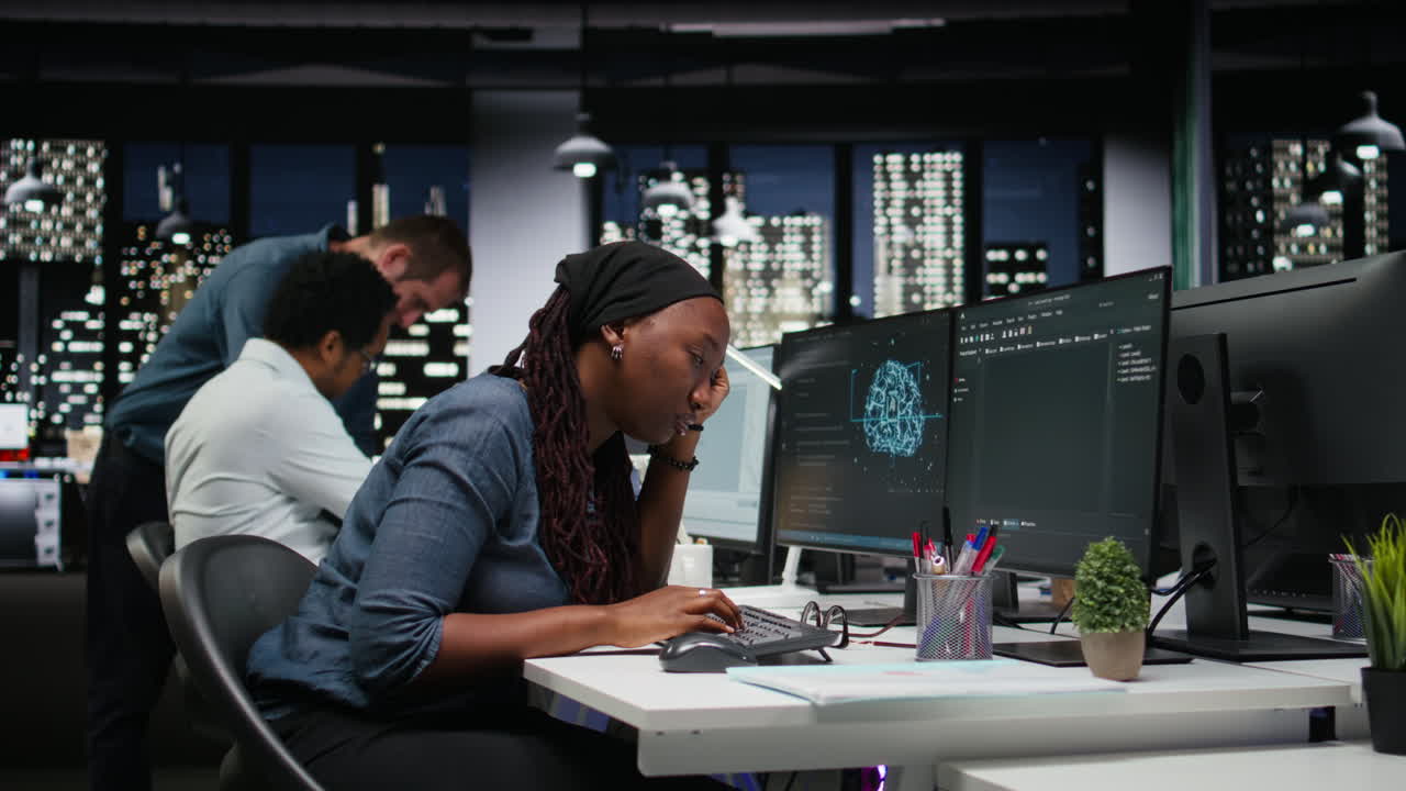 En kvinnelig programmerer skriver kode på en datamaskin på et moderne kontor.
