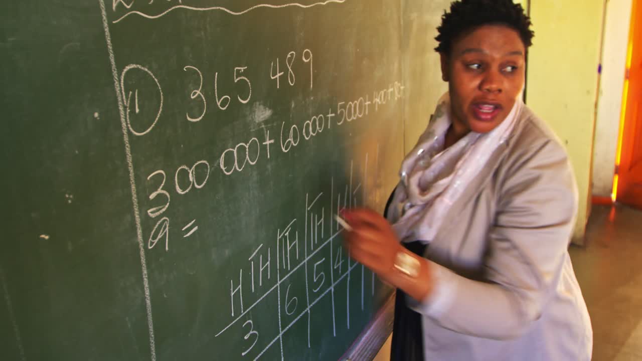 Female teacher at the blackboard in front of class 4k