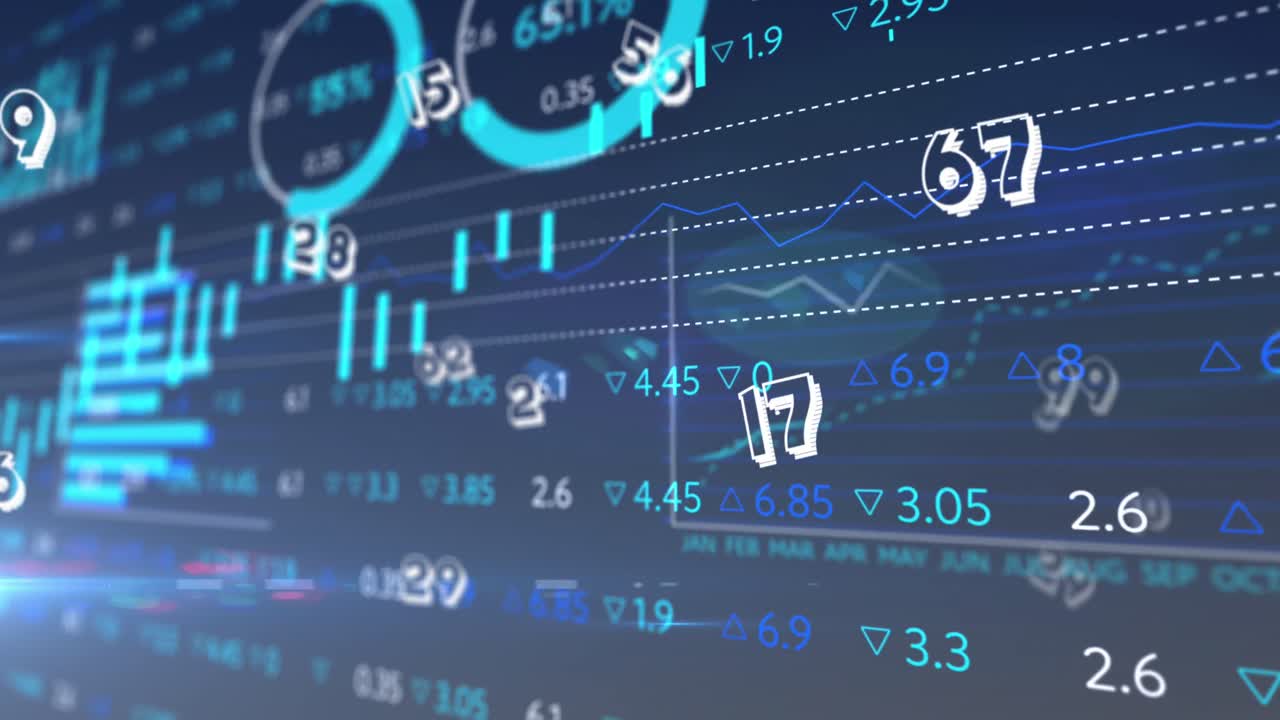 animación de números flotando sobre el procesamiento de datos estadísticos y bursátiles sobre fondo azul