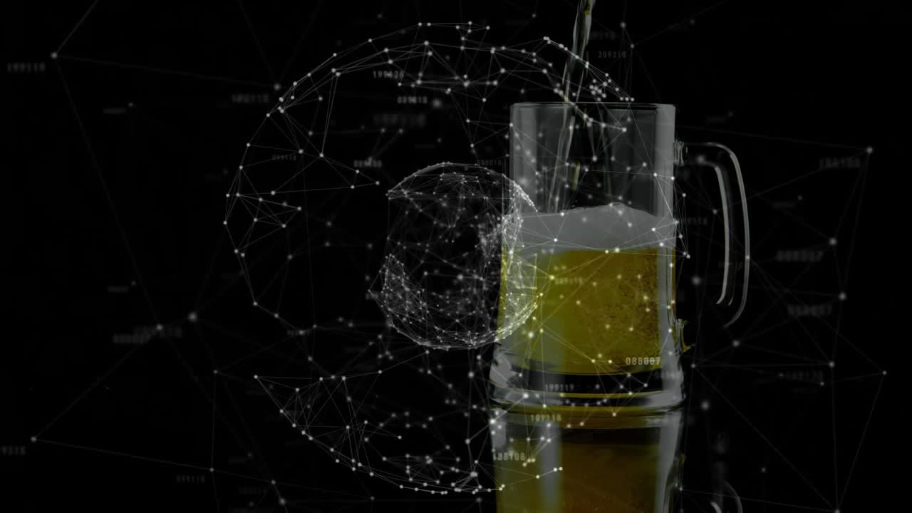 3D glass beer mug being filled with golden beer while showing glowing network nodes and lines