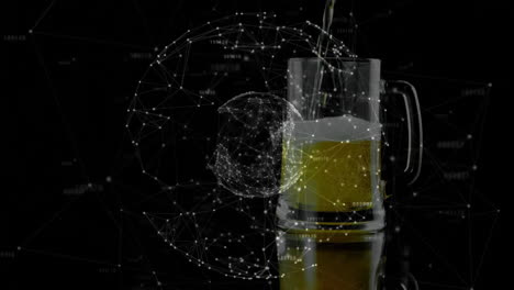 3D glass beer mug being filled with golden beer while showing glowing network nodes and lines