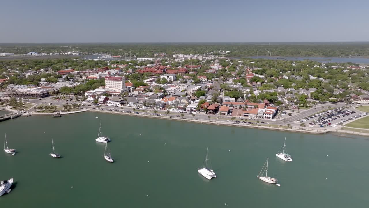 Downtown St. Augustine, Florida along the Matanzas River with drone video close up moving in.