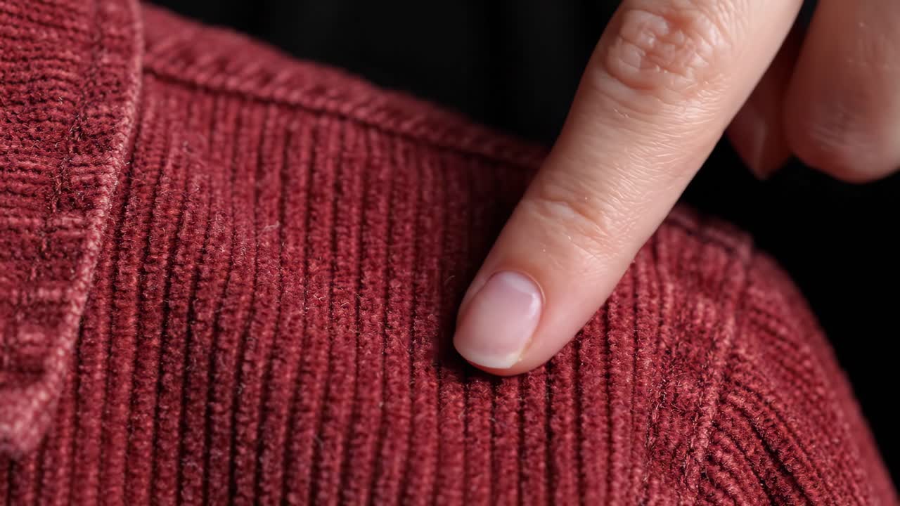 Primo piano di un dito che accarezza tessuto di velluto a coste rosso.