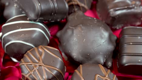 close up of tasty delicious chocolate on red rose peddles