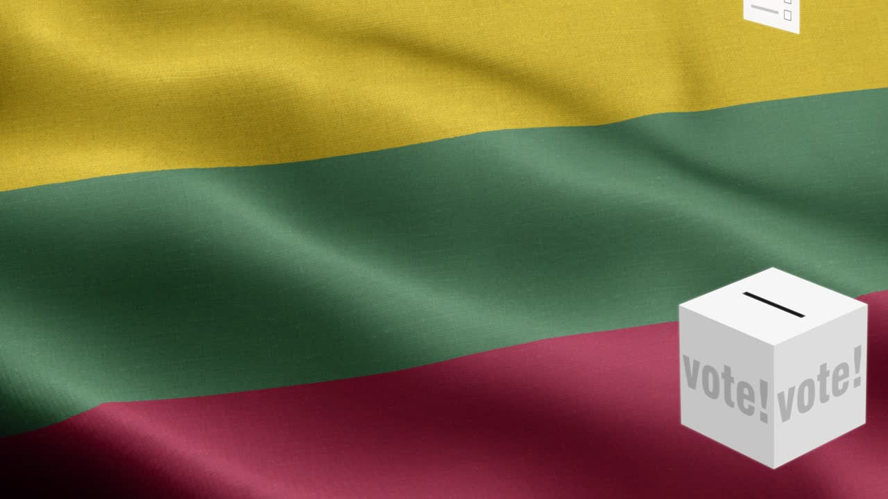 Ballots fly to box for Lithuania selection - Ballot box in front of flag - Election - Vote - Flag Of Lithuania - Lithuania Flag High Detail - National flag Lithuania wave Pattern loopable Elements - Fabric texture and endless loop