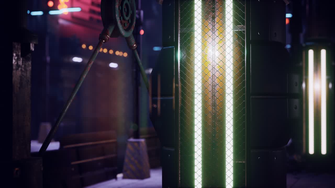 밤에 네온 빛이 빛나는 미래의 거리