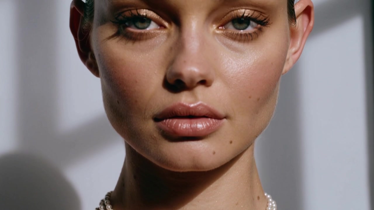 Revealing model with hair pulled back, camera rising in studio, showing layered pearls, gold chains