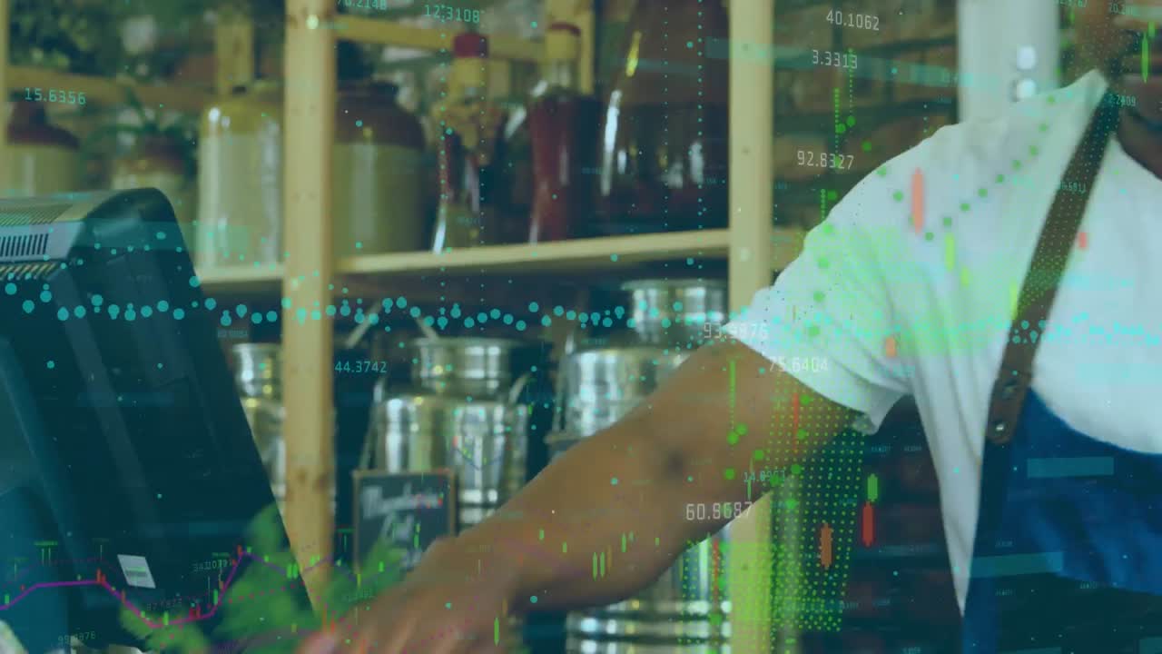 animación del procesamiento de datos financieros con líneas azules sobre un hombre que usa una tableta en la tienda