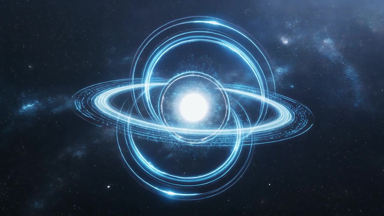 Anelli di energia blu luminosi astratti che ruotano attorno a una stella luminosa nello spazio