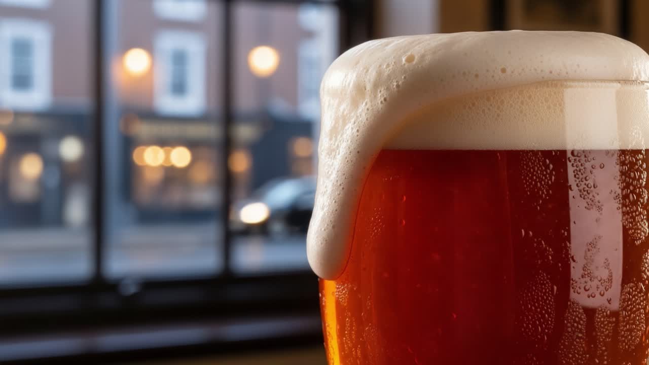A Close-Up Perspective of a Freshly Poured Amber Beer with Foam on Top, Showcasing Its Rich Color and Bubbles Against a Softly Lit Background