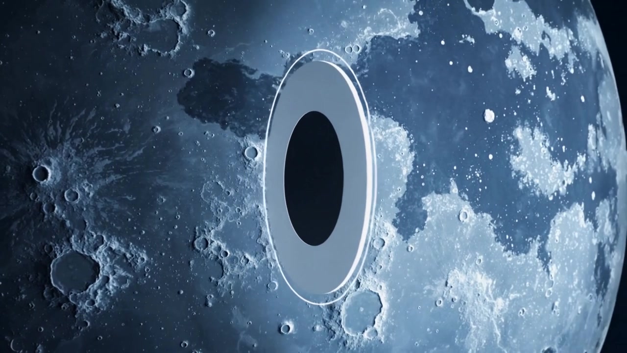 Starting ringed graphic tilting into capsule, streaking and fading over Moon, revealing craters