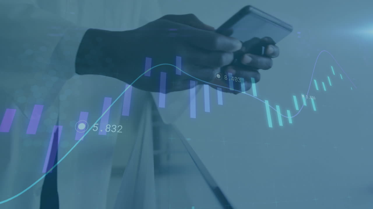 Male doctor holding stethoscope, touching health charts, showing purple-teal bars and line graph