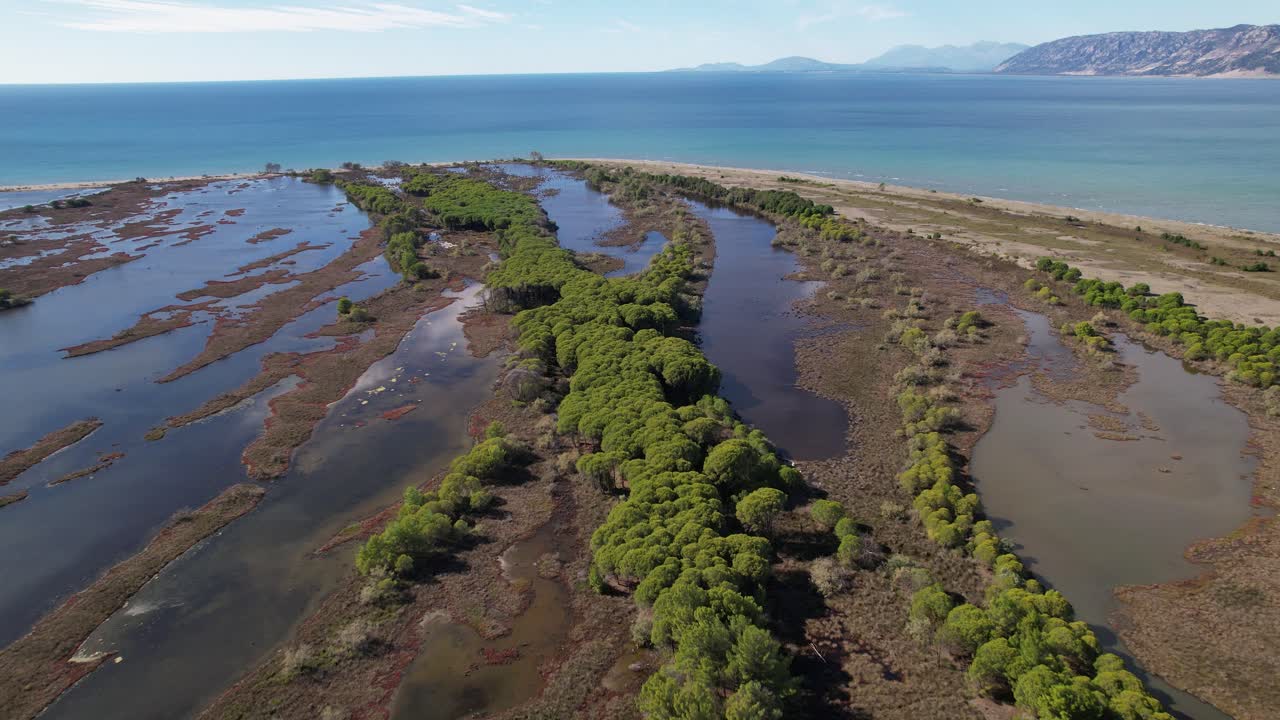 laguna de marea natural con manglares rodeada de un cinturón de arena en la costa del mar adriático en albania