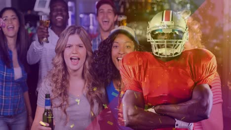 animación de confeti cayendo sobre un jugador de fútbol americano y amigos celebrando con bebidas