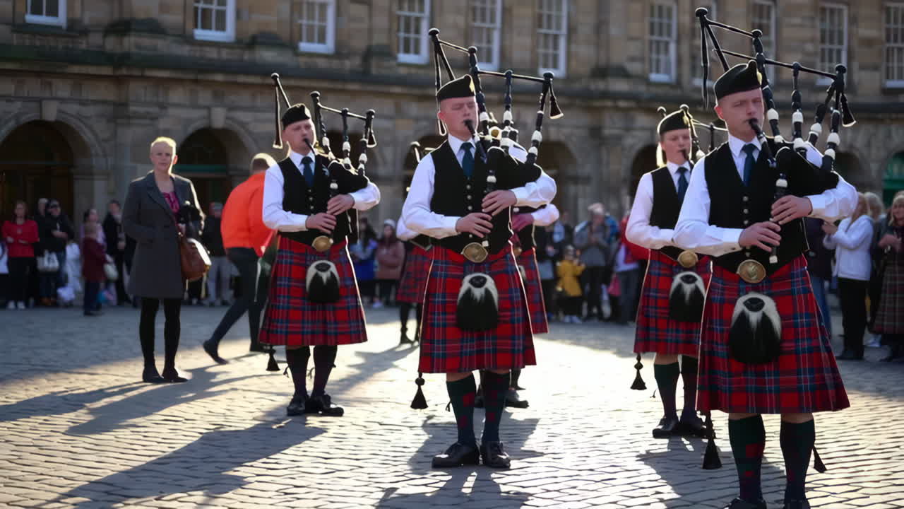 Scottish Bagpipers Performing in Traditional Kilts