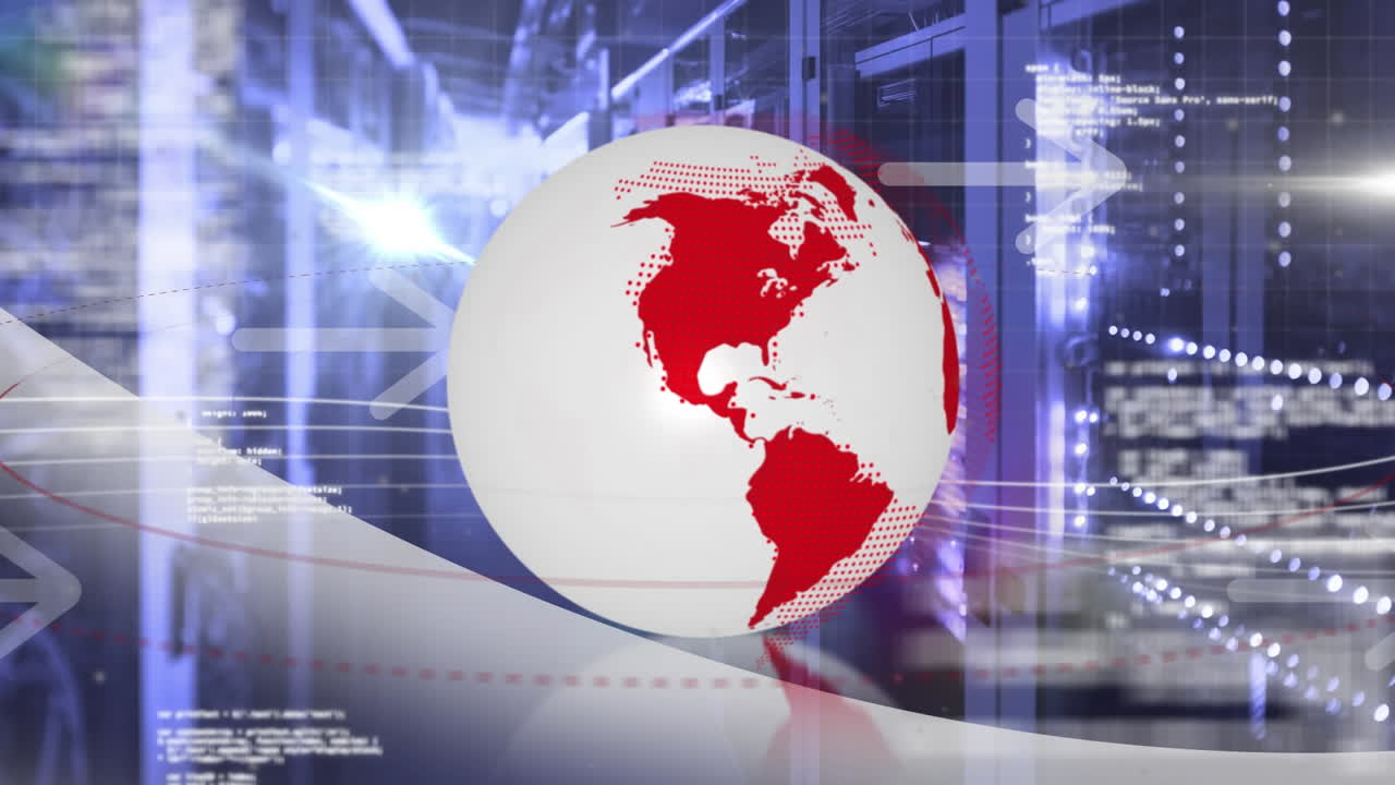 animación del globo, flechas y procesamiento de datos a través de servidores informáticos