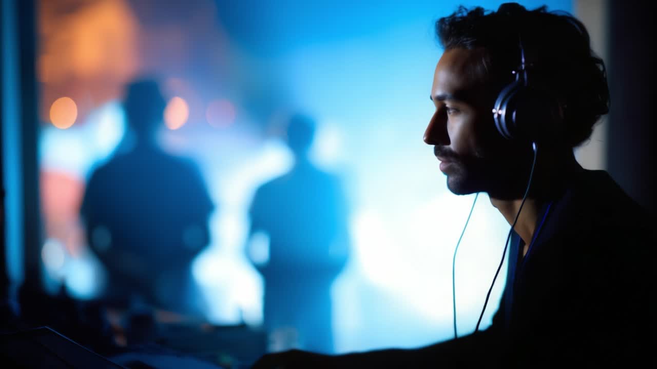 Một DJ tập trung, đắm mình trong quá trình sản xuất âm nhạc giữa không gian ánh sáng xanh đầy lôi cuốn, ghi lại tinh hoa của cuộc sống về đêm và đam mê sáng tạo thông qua âm thanh