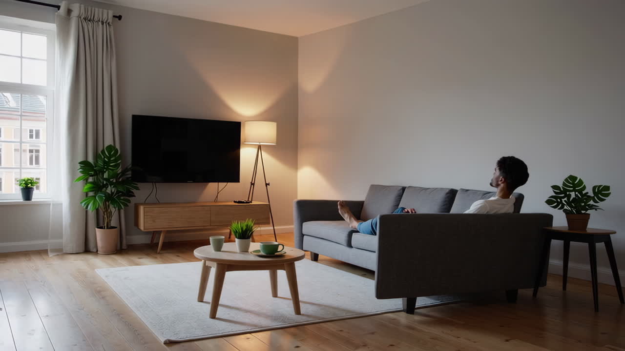 A person relaxing on a sofa in a modern and cozy living room