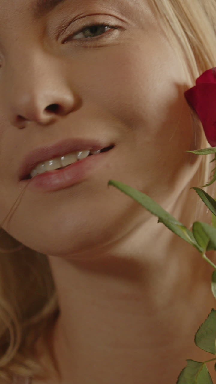 Bellissimo ritratto verticale di una graziosa donna bionda che gioca con una rosa rossa e le accarezza il viso con il fiore.