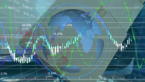 Animation-of-a-delivery-man-putting-cardboard-boxes-on-trolley-over-blue-globe-spinning-statistics-