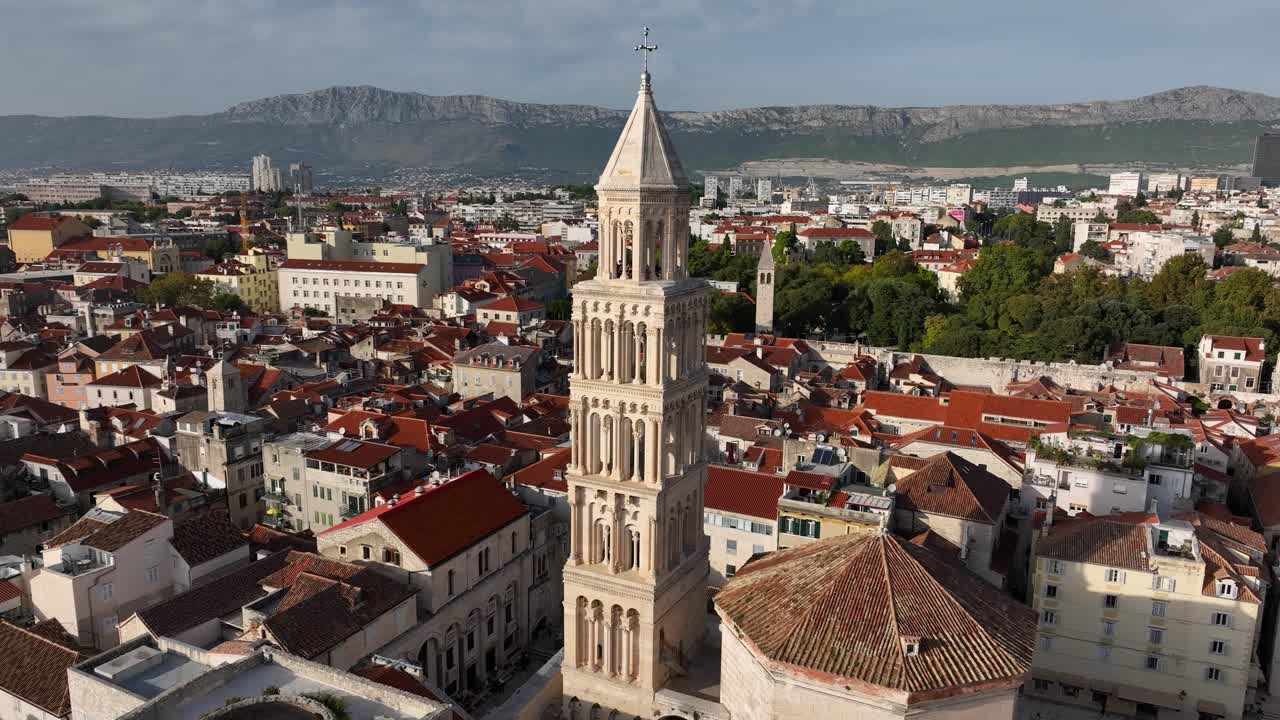 Aerial overview of Split old town with its historic stone Saint Domnius Cathedral tower chapel