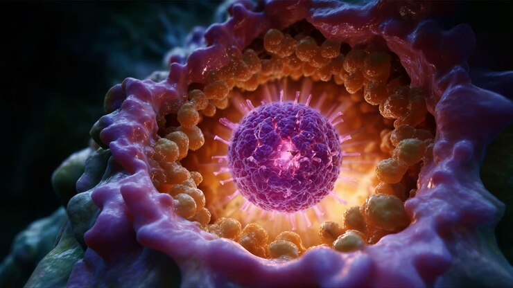 Struttura cellulare interna illuminata con un vivace nucleo viola circondato da intricate strutture cellulari e materiale organico colorato, il tutto con dettagli straordinari