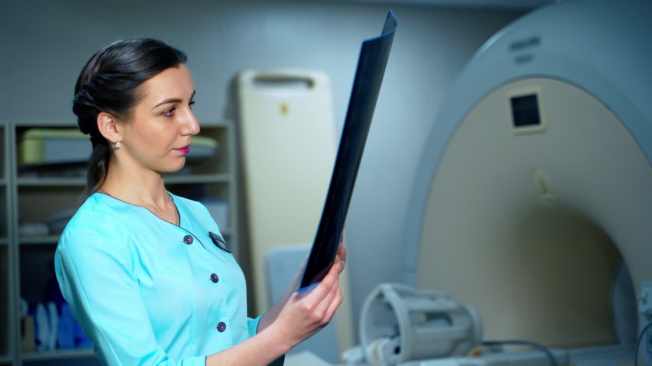 Woman doctor is watching x-ray in clinic. Young female expert holding x-ray photo in hands in modern hospital. Medical concept.