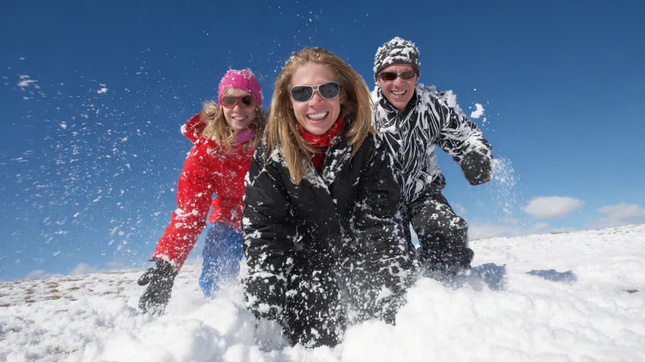 Joyful Friends Enjoying a Snowy Day, Laughing and Playing in the Powdery Snow, Creating Memorable Moments Under a Bright Blue Sky