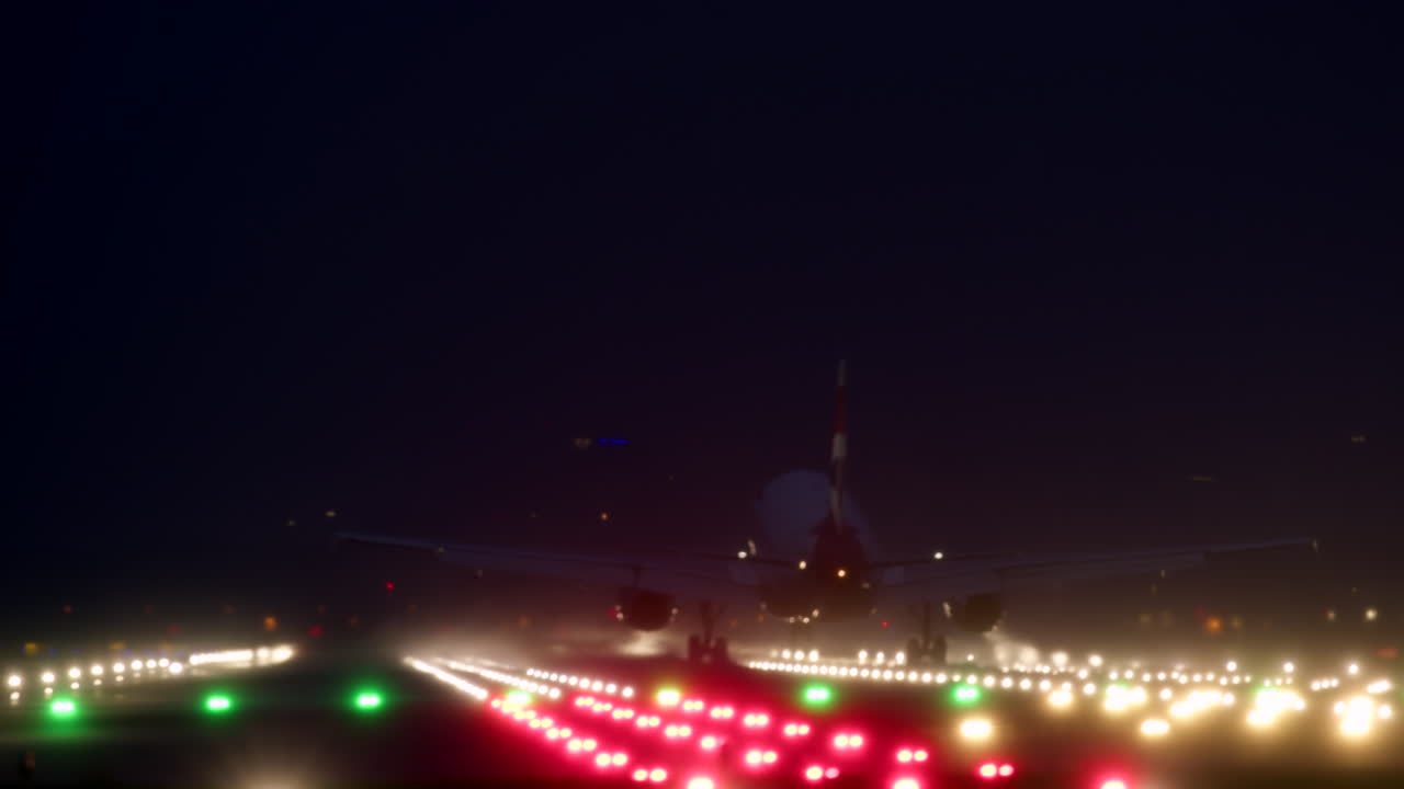 밤에 안개 상태에서 비행기가 착륙하는 것