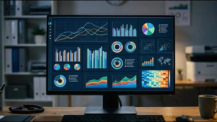 Organized business intelligence screen showing graphs and colorful statistics