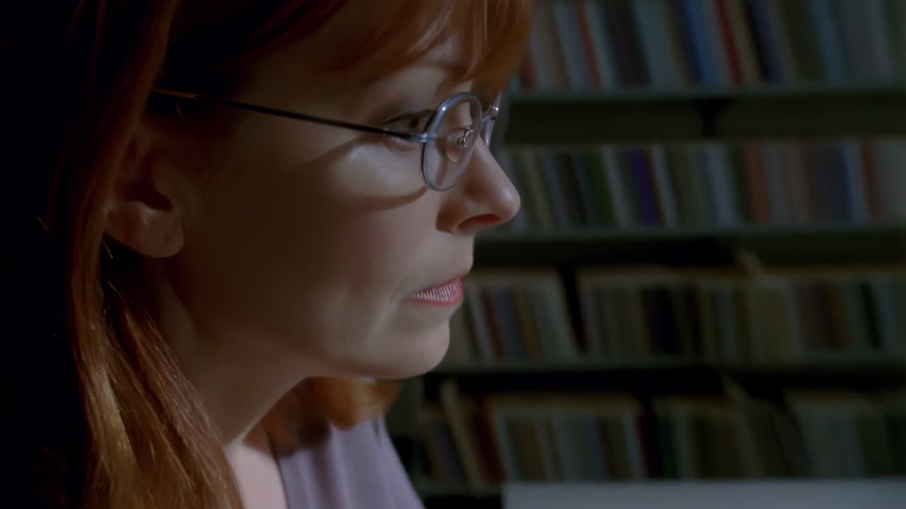 Woman with Gloves Examining an Old Book in a Library