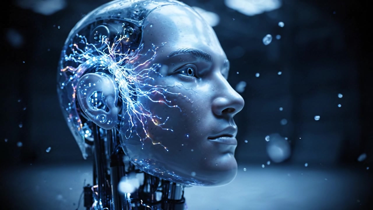 A futuristic robotic head showcasing intricate electric lines and a lifelike appearance, symbolizing the convergence of technology and human-like features.