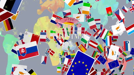 animación del texto de feliz navidad con campanas sobre múltiples banderas nacionales contra el mapa del mundo