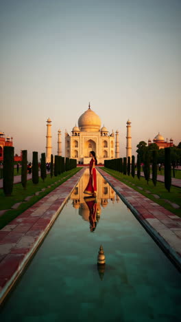 woman in a red sari at the taj mahal during sunset
