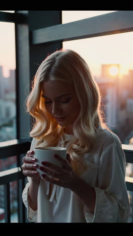 Blonde Woman Enjoying a Hot Drink on a Balcony at Sunset