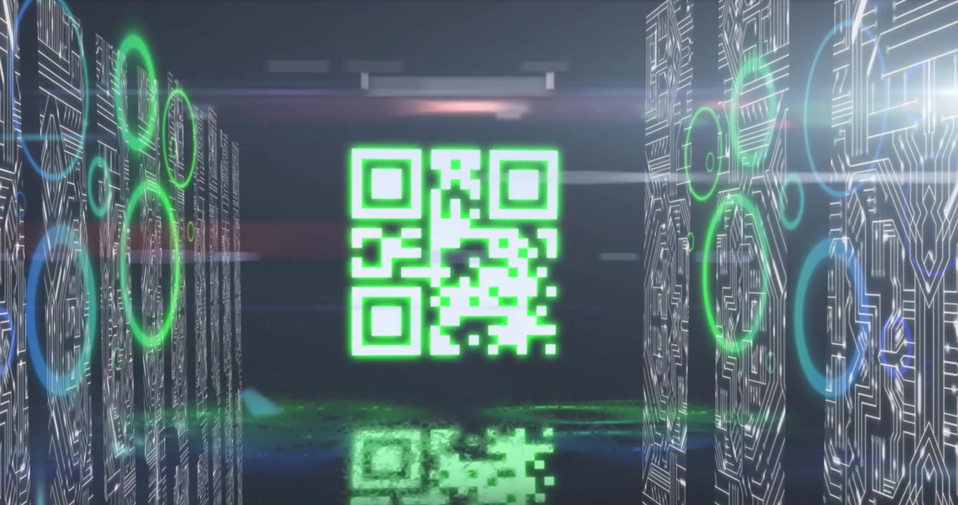 Animation of gr code, neon circles, light and data processing