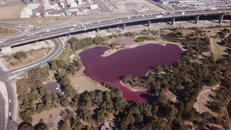 4K-DRONE-FOOTAGE-PINK-LAKE-NEXT-TO-HIGHWAY-IN-WESTGATE-PARK-IN-MELBOURNE,-AUSTRALIA