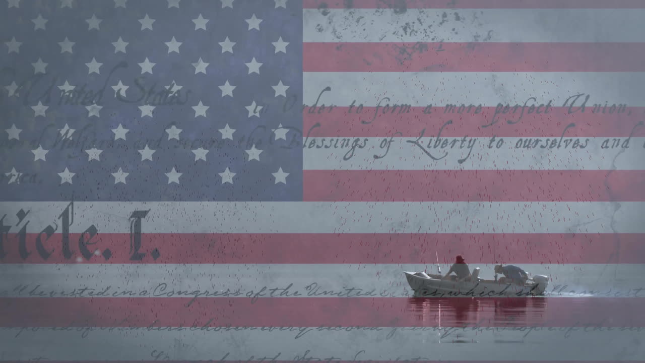 Animation of flag of usa and text of constitution over people in boat