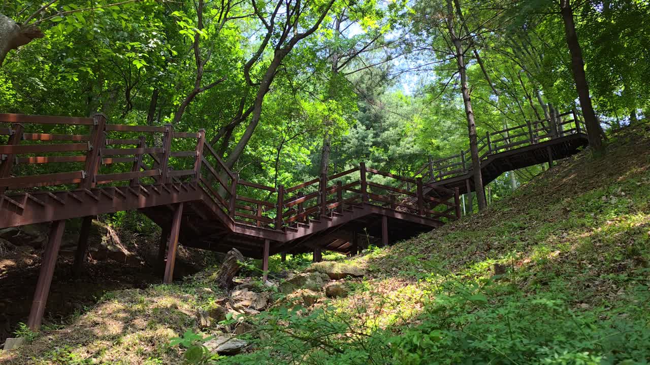 Revealing a zigzagging wooden walkway elevated above a shaded, rocky slope in the lush green woods of Maninsan Ecological Park - Camera slowly moves forward and tilts up