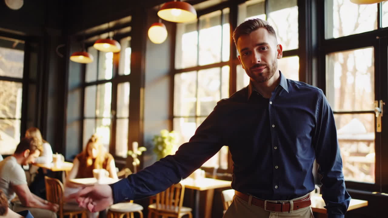 Waiter Serving Customers in a Cafe