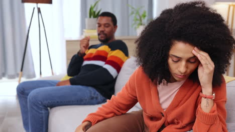 couple, fight and angry on sofa for marriage