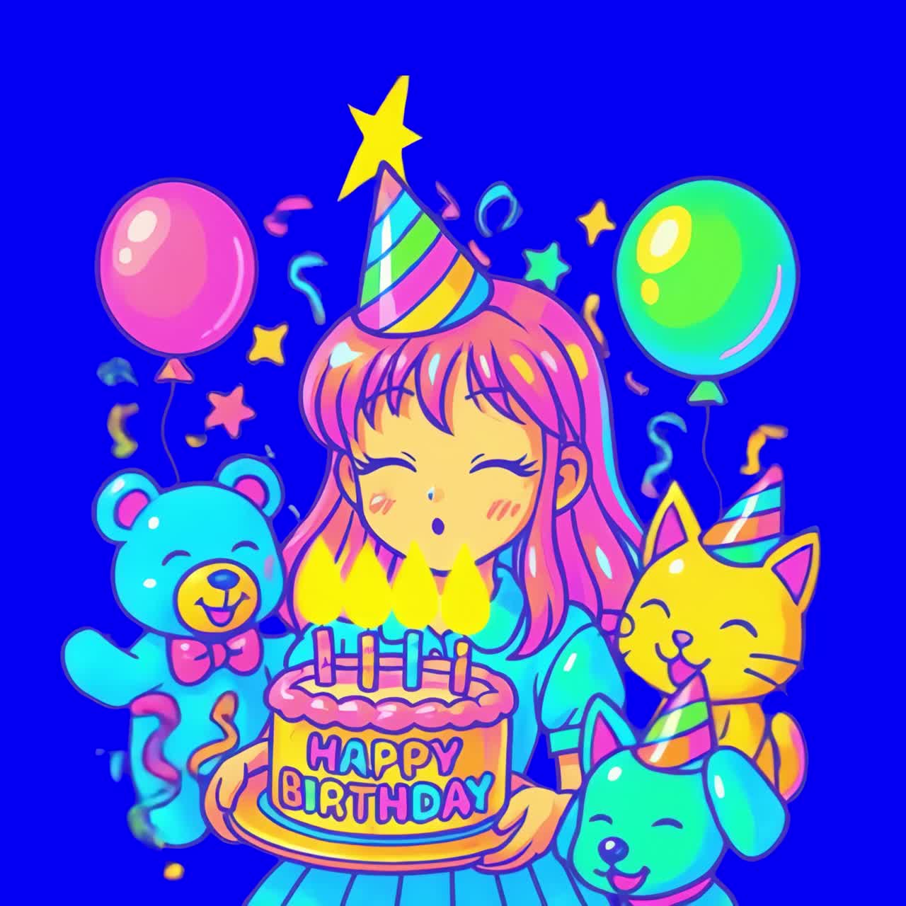 Animazione illustrata di una colorata festa di compleanno, video 4K trasparente, schermo verde