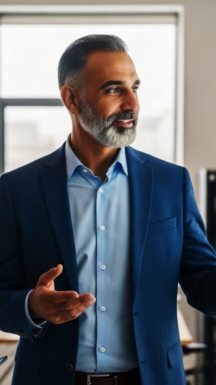 Professional man in a blue suit interacting and conveying ideas in a modern office setting, showcasing confidence and engagement in a business environment