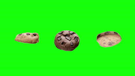 three types of chocolate chip cookie rolling isolated on green screen background