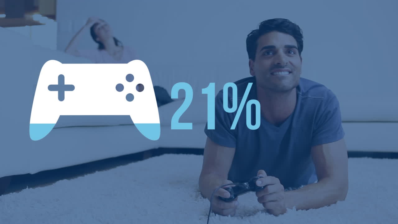 Man playing computer game with game controller shape in the foreground