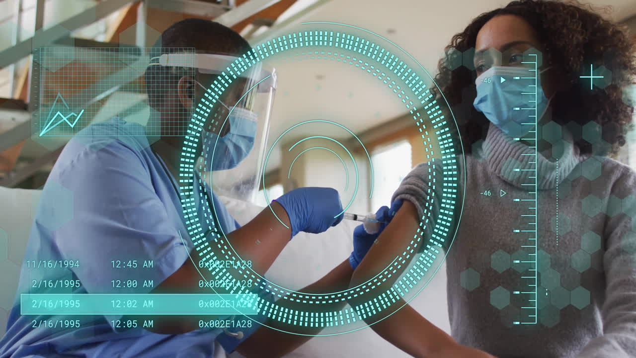 Animation of scope scanning over african american female doctor and patient in hospital