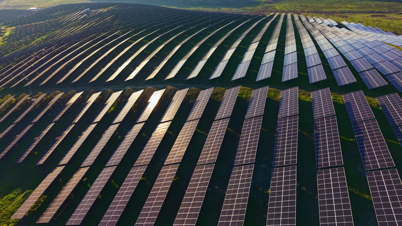 Store solcelleanlæg strækker sig over bølgende bakker under en klar himmel og udnytter sollyset i en indsats for bæredygtig energi