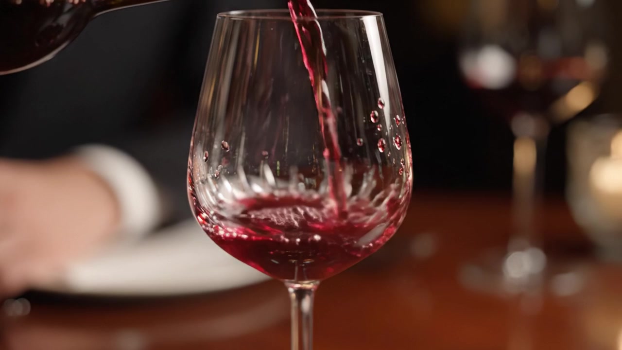 Un primo piano di vino pregiato versato in un bicchiere di cristallo, catturando l'eleganza e la raffinatezza di un'esperienza culinaria di lusso.